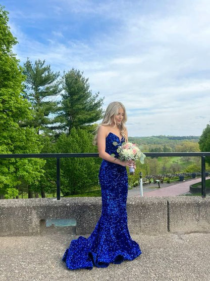 Sparkly Mermaid Strapless Royal Blue Satin Sequin Long Prom Dress,Evening Dress GG1922