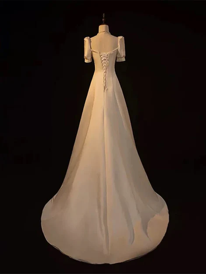 Simple A Line Square Lvory Satin Short Bubble Sleeves Long Prom Dress, Evening Dress GG192