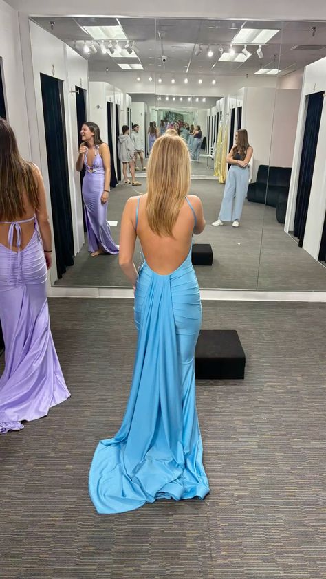 Charming Mermaid Spaghetti Straps Blue Satin Backless Pleated Long Prom Dress,Evening Dress GG1953