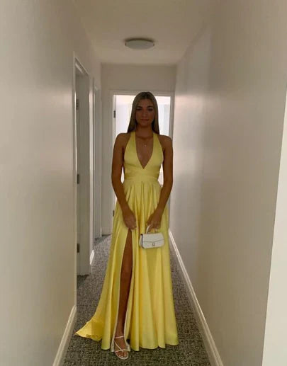 Sexy A Line Halter V Neck Satin Slit Long Prom Dress,Evening Dress GG1956