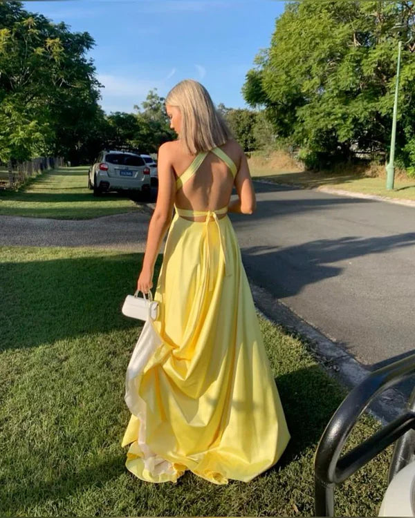 Sexy A Line Halter V Neck Satin Slit Long Prom Dress,Evening Dress GG1956