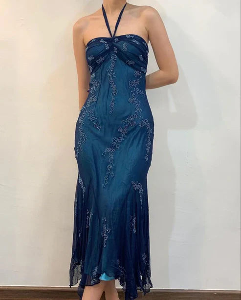 Chic A Line Halter Straps Satin Chiffon Applique Long Prom Dress,Evening Dress GG1962