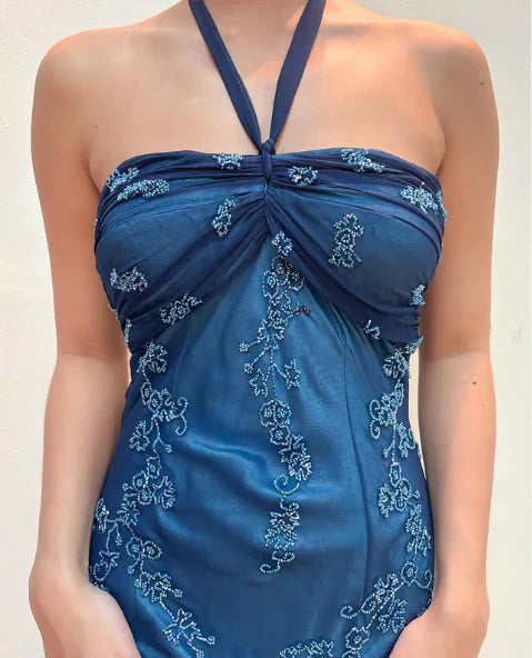 Chic A Line Halter Straps Satin Chiffon Applique Long Prom Dress,Evening Dress GG1962