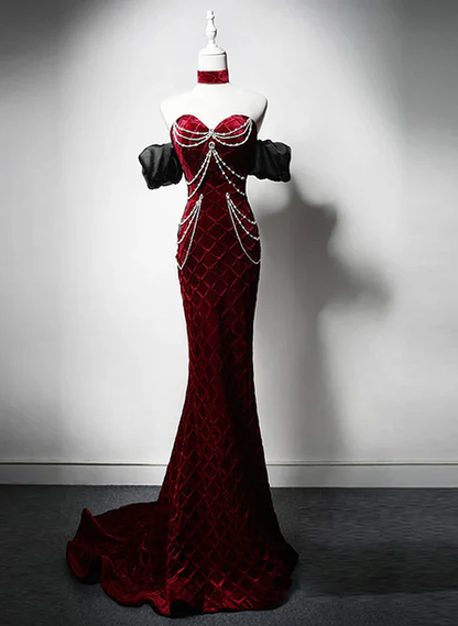 Exquisite Mermaid Sweetheart Off The Shoulder Wine Red Velvet Beaded Long Sweep Prom Dress, Evening Dress GG199