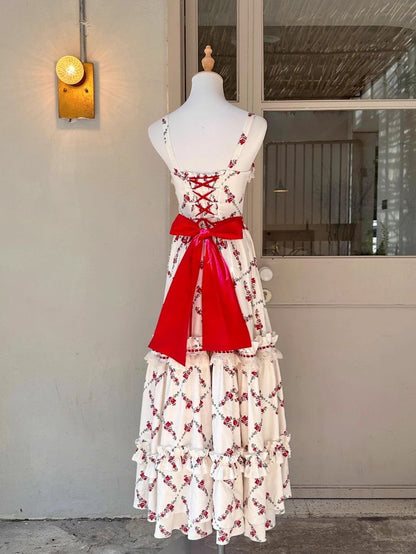 Sweet A Line Square Satin Printing Floral Back With Bow Long Prom Dress,Evening Dress GG2035