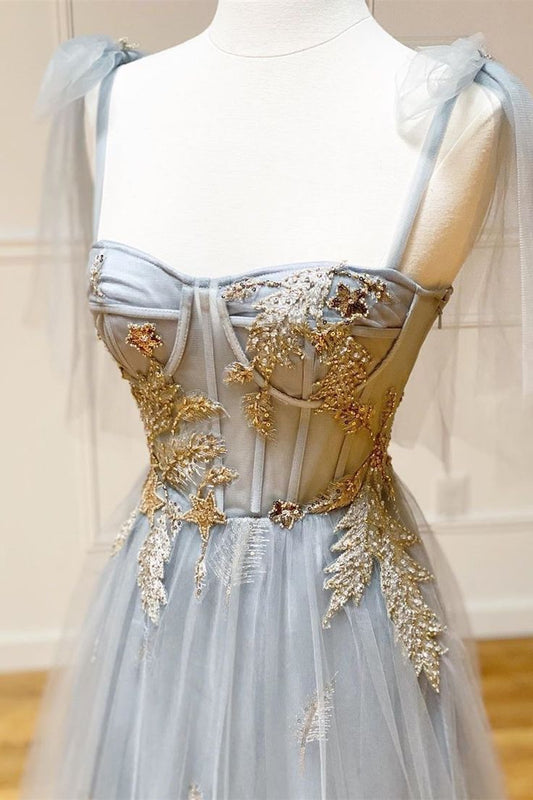 Fairy A Line Spaghetti Straps Gray Tulle Applique Long Prom Dress,Evening Dress GG2062