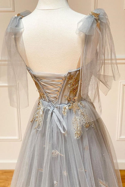 Fairy A Line Spaghetti Straps Gray Tulle Applique Long Prom Dress,Evening Dress GG2062
