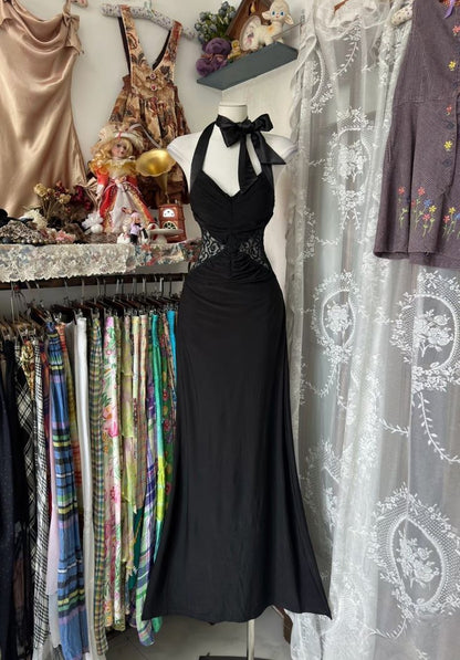 Charming Mermaid Halter Black Chiffon Lace Long Prom Dress,Evening Dress GG2078