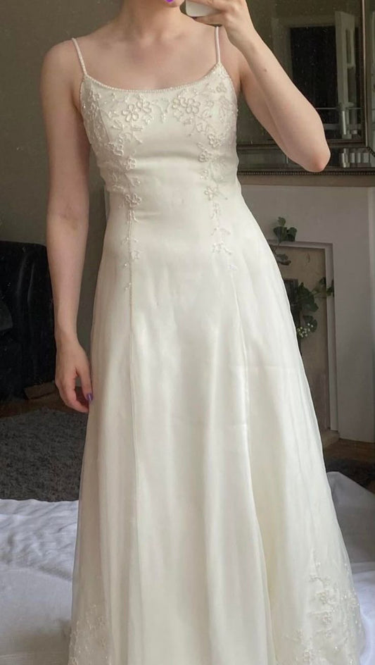 Elegant A Line Spaghetti Straps Light Ivory Satin Chiffon Beaded Long Prom Dress,Evening Dress GG2096