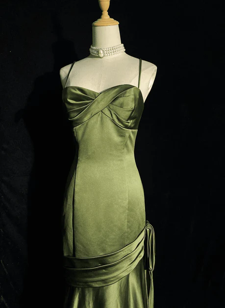 Elegant A Line Spaghetti Straps Green Satin Sweetheart  Long Prom Dress, Evening Dress   GG209