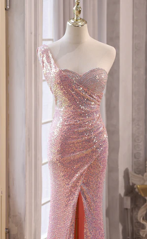 Delicate  Mermaid One Shoulder Sweetheart Pink Sequins Split Long Prom Dress, Evening Dresses GG216
