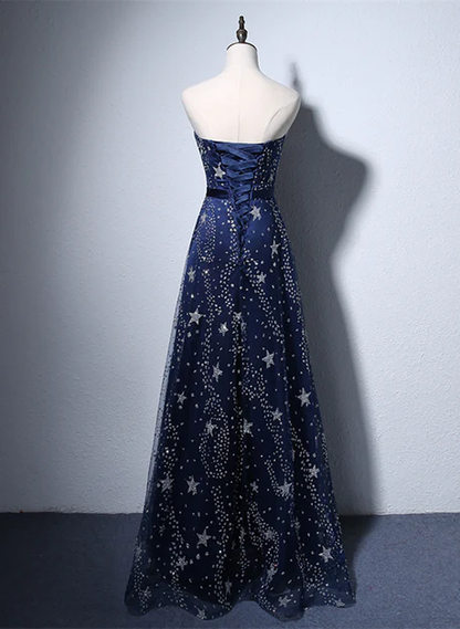 Elegant A Line Strapless Navy Blue Tulle Long Prom Dress,Evening Dresses GG222