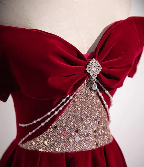 Pretty A Line Wine Red Off The Shoulder Beaded Velvet Long Prom Dress, Evening Dress GG229