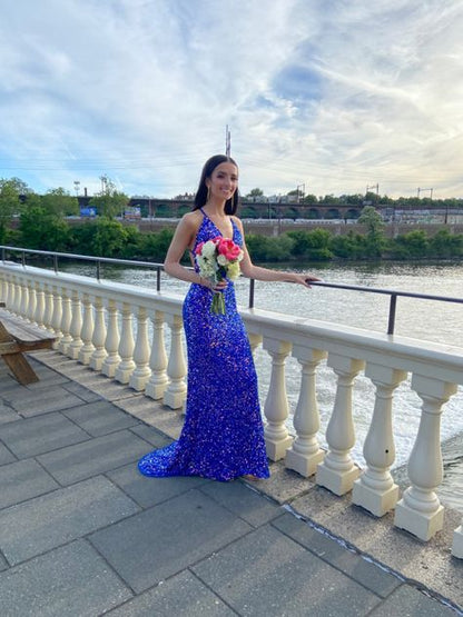 Senior Mermaid Halter Straps Royal Blue Satin Sequin Beaded Long Prom Dress,Party Dress,Evening Dress GG2304