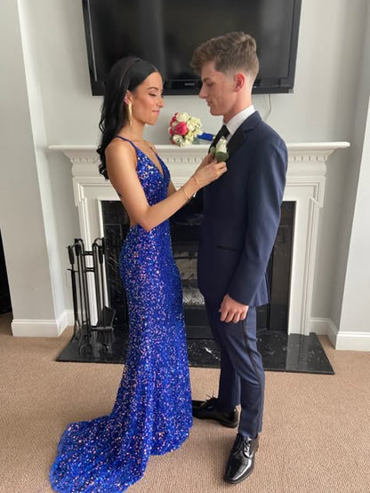 Senior Mermaid Halter Straps Royal Blue Satin Sequin Beaded Long Prom Dress,Party Dress,Evening Dress GG2304