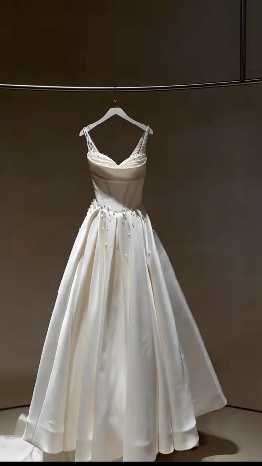 Classy A Line Spaghetti Straps White Satin Pearl Long Prom Dress,Party Dress,Evening Dress GG2327