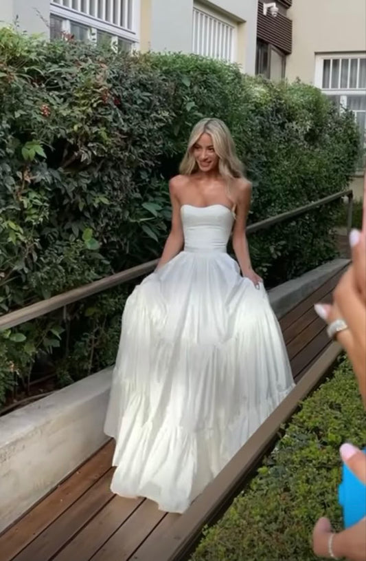 Cute A Line Strapless White Satin Long Prom Dress,Party Dress,Evening Dress GG2333