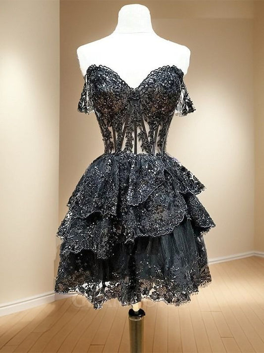 Elegant A Line Off The Shoulder Tulle Lace Short Prom Dress,Homecoming Dress,Evening Dress GG2345