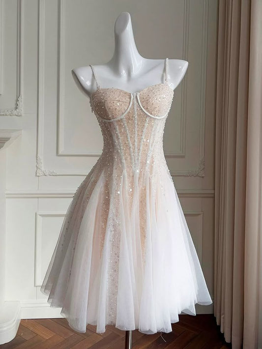 Cute A Line Spaghetti Straps Tulle Beaded Short Prom Dress,Homecoming Dress,Evening Dress GG2347