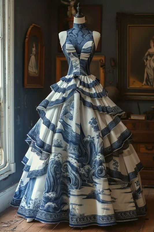 Stunning Ball Gown Halter Satin Printing Long Prom Dress,Party Dress,Evening Dress GG2358