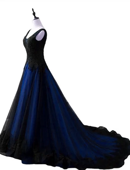 Elegant A Line Black and Blue V-neckline Lace Applique Sweep Long Prom Dress,Evening Dress GG235