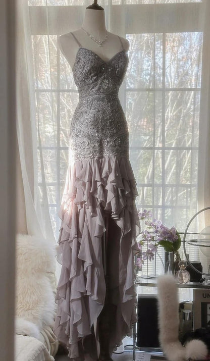 Gorgeous Mermaid Spaghetti Straps Satin Chiffon Beaded Long Prom Dress,Party Dress,Evening Dress GG2361
