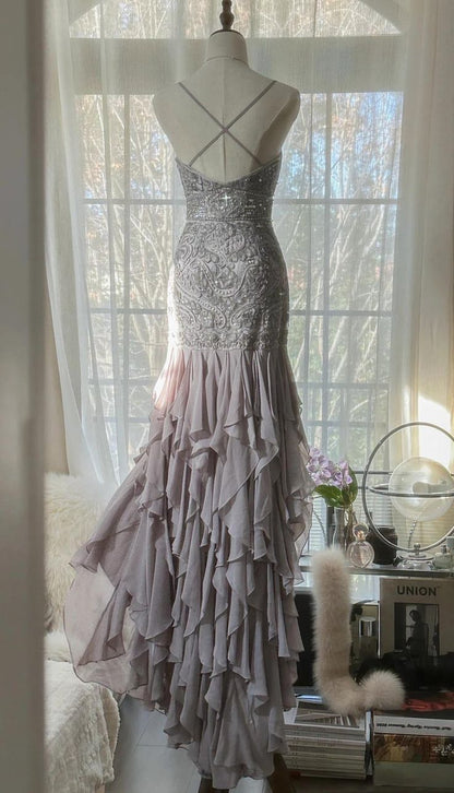 Gorgeous Mermaid Spaghetti Straps Satin Chiffon Beaded Long Prom Dress,Party Dress,Evening Dress GG2361