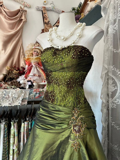 Vintage A Line Strapless Satin Tulle Sequin Long Prom Dress,Party Dress,Evening Dress GG2365