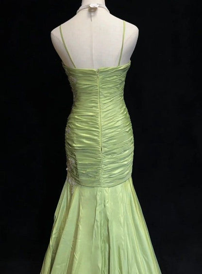 Vintage Mermaid Spaghetti Straps Satin Applique Beaded Long Prom Dress,Party Dress,Evening Dress GG2366