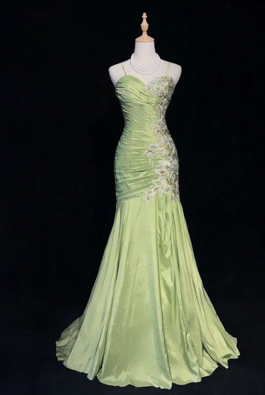 Vintage Mermaid Spaghetti Straps Satin Applique Beaded Long Prom Dress,Party Dress,Evening Dress GG2366