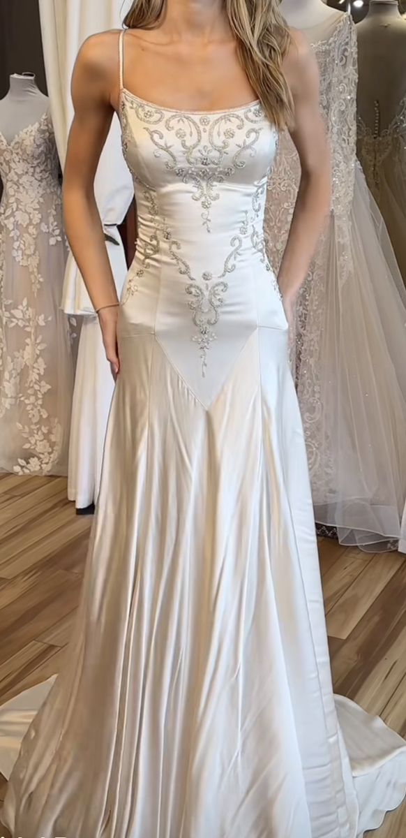 Vintage A Line Spaghetti Straps White Satin Applique Long Prom Dress,Party Dress,Evening Dress GG2384