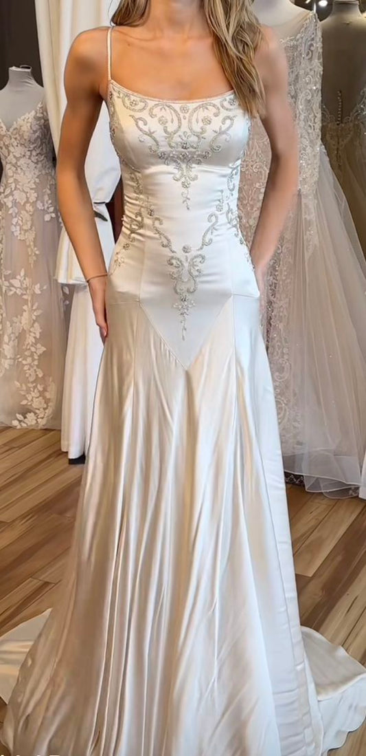 Vintage A Line Spaghetti Straps White Satin Applique Long Prom Dress,Party Dress,Evening Dress GG2384
