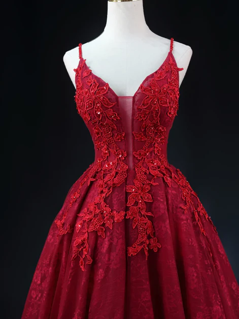 Elegant A Line V Neckline  Spaghetti Straps Wine Red Lace Applique Long Prom Dress,Evening Dress GG239