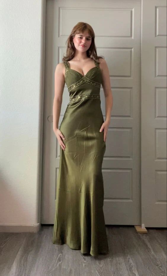 Olive Green Mermaid Beaded Straps Satin Long Prom Dress,Party Dress,Evening Dress GG2405