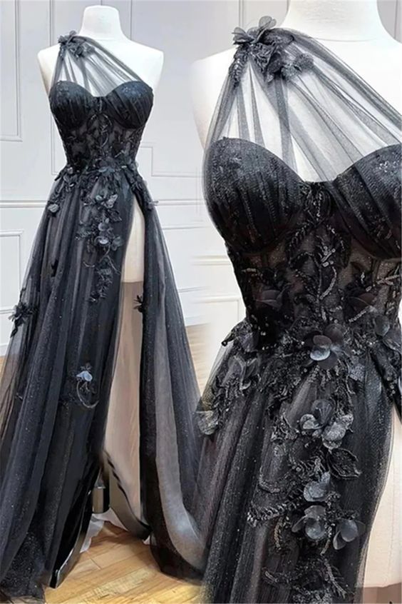 Elegant A Line One Shoulder Black Tulle Applique Long Prom Dress, Party Dress, Evening Dress GG2457