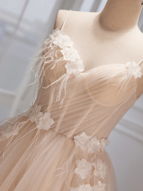 Elegant A Line Spaghetti Straps Lvory Tulle with Flowers  Long Prom Dress,Evening Dress  GG246