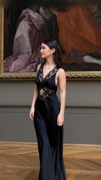 Sexy Mermaid V Neck Satin Lace Long Prom Dress, Party Dress, Evening Dress GG2470