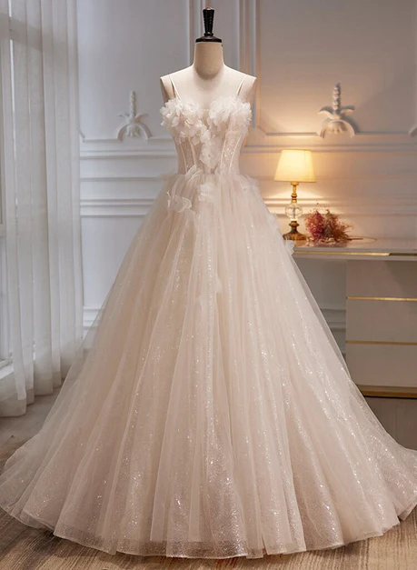 Elegant A Line Spaghetti Straps Sweetheart Lvory Tulle With Flowers Long Prom Dress, Evening Dress  GG247