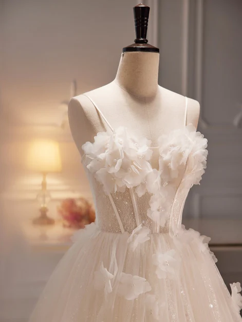 Elegant A Line Spaghetti Straps Sweetheart Lvory Tulle With Flowers Long Prom Dress, Evening Dress  GG247