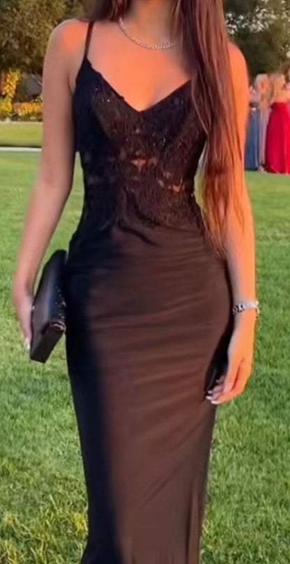 Elegant Mermaid Spaghetti Straps Black Satin Applique Long Prom Dress, Party Dress, Evening Dress GG2519
