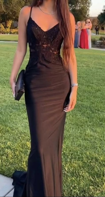 Elegant Mermaid Spaghetti Straps Black Satin Applique Long Prom Dress, Party Dress, Evening Dress GG2519