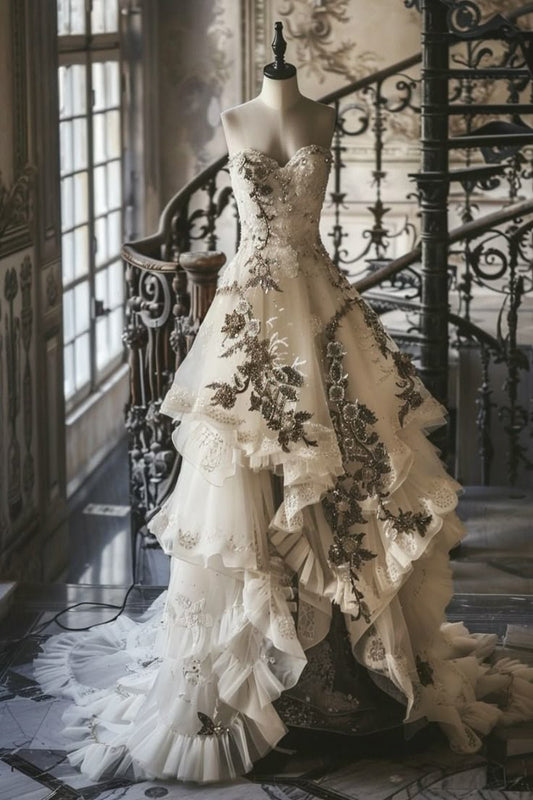 Gorgeous A Line Strapless Tulle Lace Applique Long Prom Dress, Wedding Dress, Evening Dress GG2530