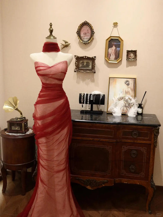 Classy Mermaid Strapless Burgundy Tulle Long Prom Dress, Party Dress, Evening Dress GG2532