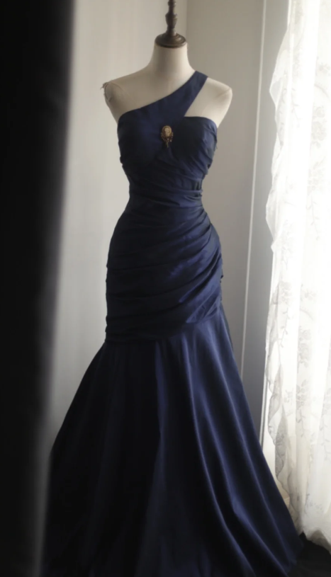 Classy Mermaid One Shoulder Navy Satin Pleated Long Prom Dress, Party Dress, Evening Dress GG2536