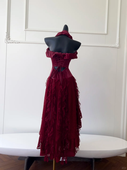 Elegant Mermaid Halter Burgundy Satin Lace Long Prom Dress, Party Dress, Evening Dress GG2619
