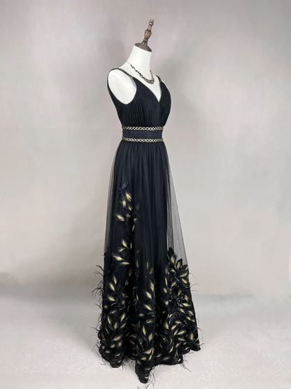 Classy A Line Spaghetti Straps Black Satin Tulle Feather Long Prom Dress, Party Dress, Evening Dress GG2729