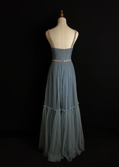 Elegant A Line Spaghetti Straps Gray Blue Tulle Long Prom Dress, Party Dress, Evening Dress GG2730