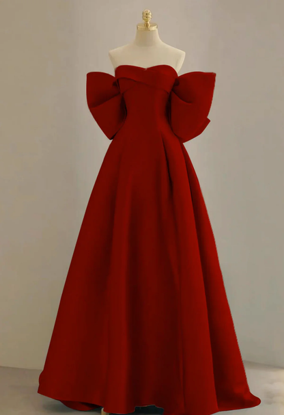 Chic A Line Sweetheart Neck Strapless Satin Back With Bow Train Burgundy Long Prom Dress, Evening Dress GG274
