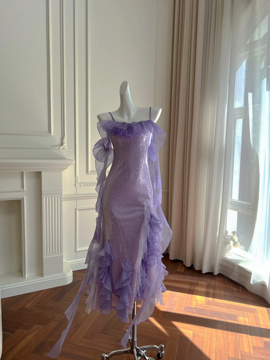Elegant Mermaid Spaghetti Straps Lilac Sequin Chiffon Long Prom Dress, Party Dress, Evening Dress GG2771