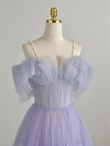 Elegant  A Line Off The Shoulder Spaghetti Beading Straps Lavender Tulle Long Prom Dress, Evening Dress GG282